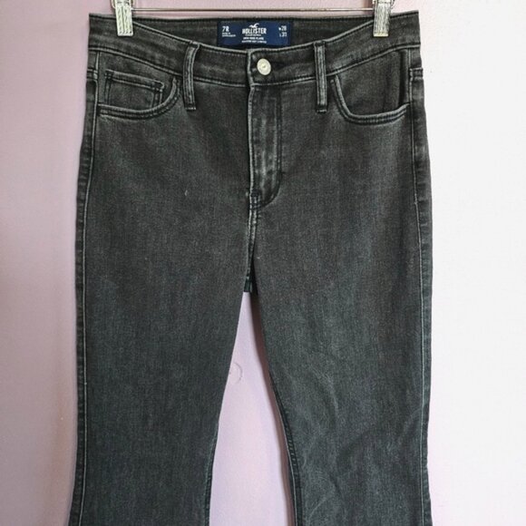 Hollister Washed Black Soft Stretch High Rise Raw Hem Split Leg Flare Jeans - Picture 2 of 11